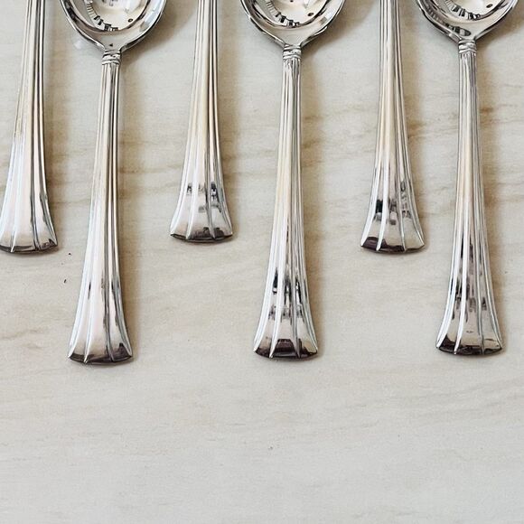 6pc WATERFORD Mont Clare Soup Spoon 7 1/8” Stainless Ridged Handle Flare Tip - Picture 3 of 8